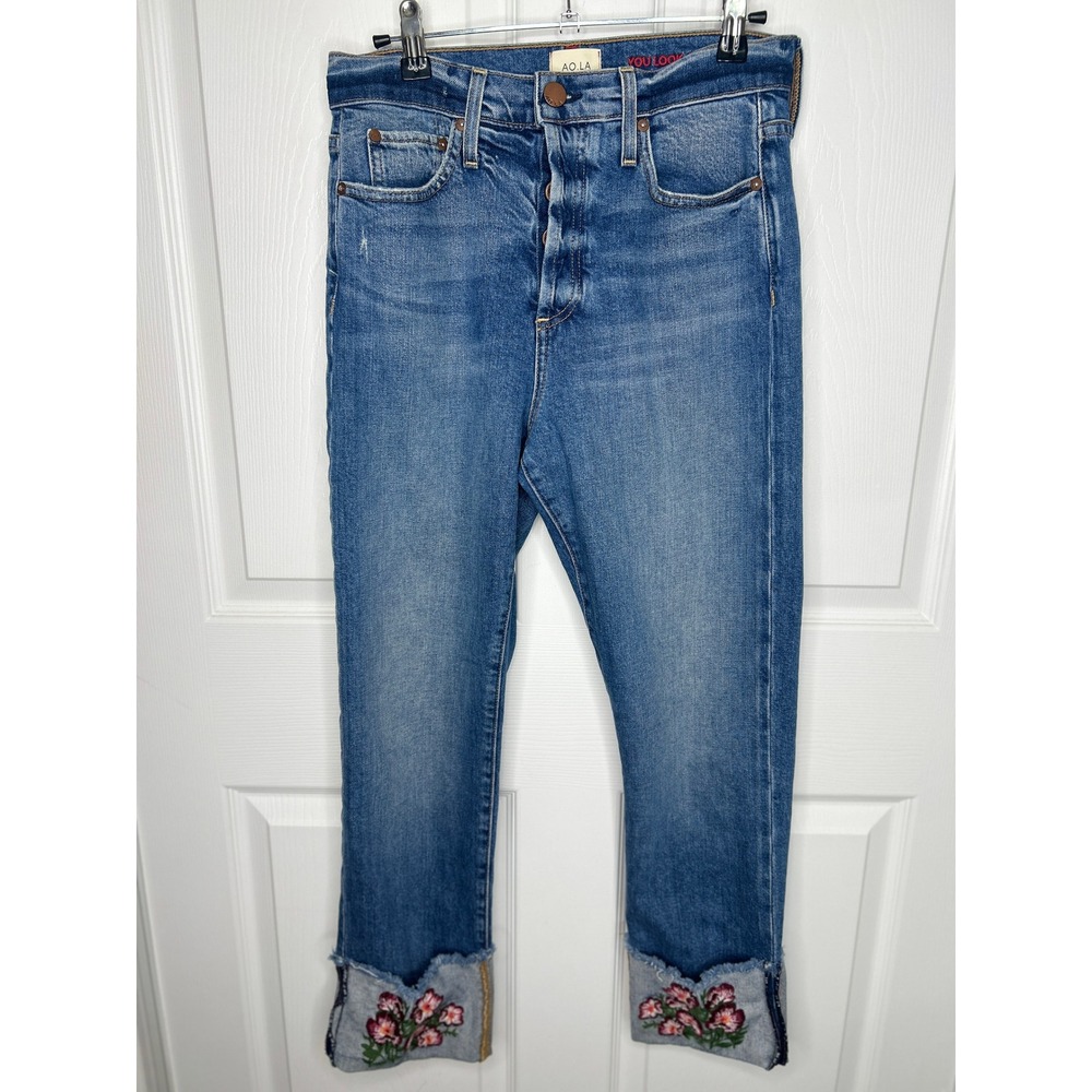AO.LA Alice Olivia HR Girlfriend Jeans 28‎ Floral Embroidered Ankle Scallop Hem